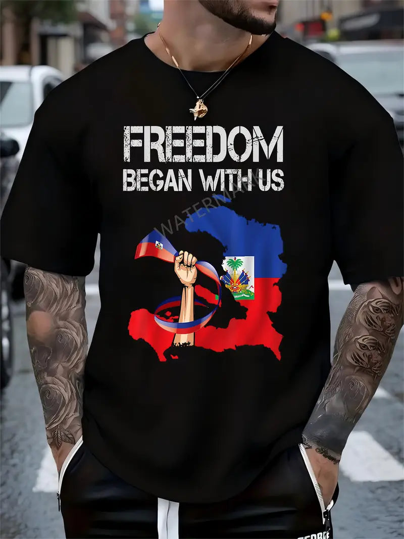 Local warehouseMen's "Freedom Began with Us" Graphic T-Shirt - Black Cotton Crew Neck Tee with Haitian Flag Design - Breathable & Comfortable for Casual Wear, Outdoor Activities, and Gifting