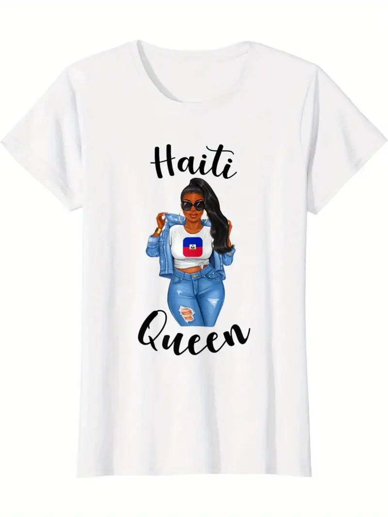 Local warehouseHaiti Queen Caribbean Pride Women's Graphic T-Shirt - 100% Cotton, Short Sleeve, Round Neck, Casual Fit, Machine Washable, Vibrant Haitian Flag Design, Perfect for Casual Attire, Haitian T Shirt