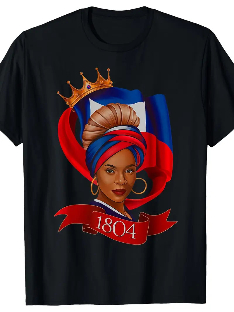 Local warehouseMen'S Wear 180g One Side Printed Round Collar Short Sleeve T Shirt Haitian Queen Woman Haiti Flag Independence Day Gift for Men Dad Husband Grandpa Friends SXXXL Black