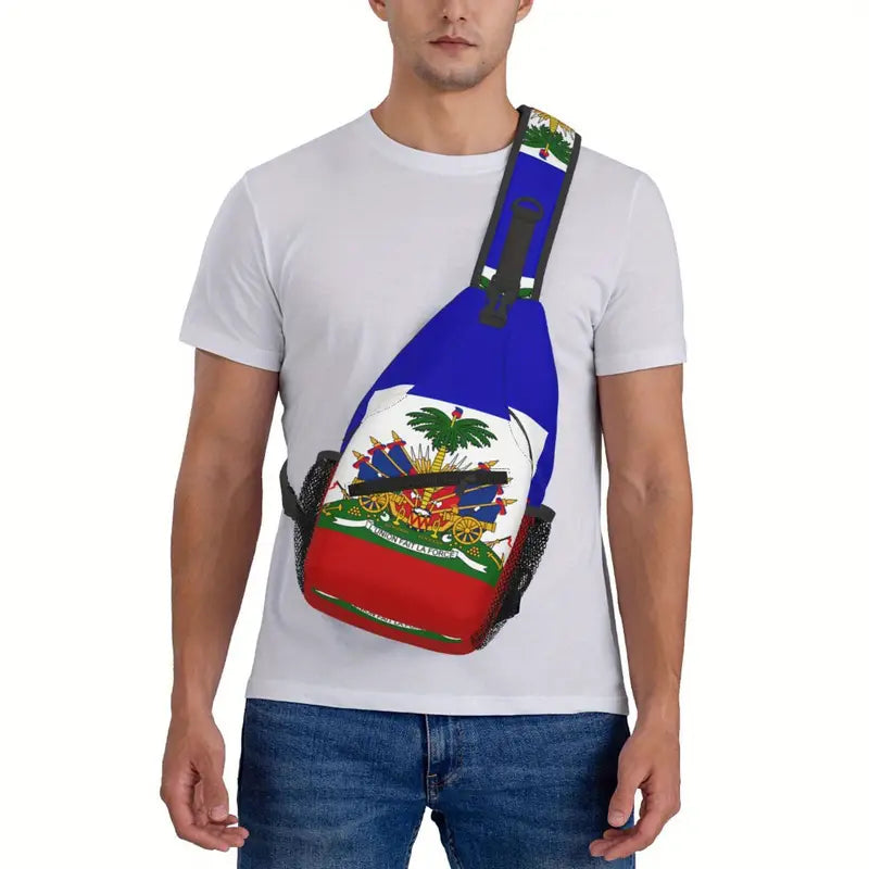 Haiti Flag Men's Crossbody Sling Bag - Durable, Fashionable & Versatile with Safety Zipper for Casual Vacations & Outdoor Activities. NJ297486 T