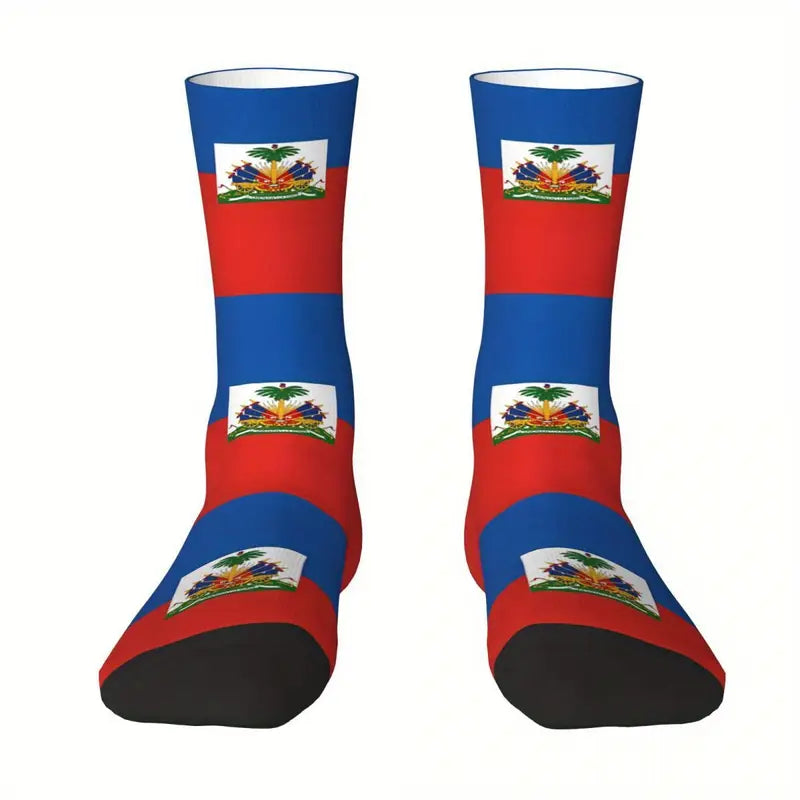 1 Pair BIIHUDU Men's Haitian Flag-Inspired Crew Socks - Breathable & Comfortable Polyester Blend, Seamless 3D Digital Print, Casual All-Season Wear, Red/Blue/White with Palm Trees Emblem. QV395672 T