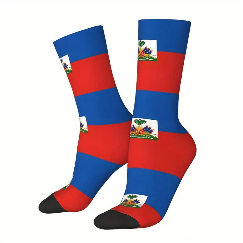 1 Pair BIIHUDU Men's Haitian Flag-Inspired Crew Socks - Breathable & Comfortable Polyester Blend, Seamless 3D Digital Print, Casual All-Season Wear, Red/Blue/White with Palm Trees Emblem. QV395672 T