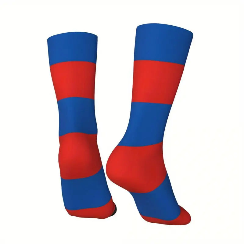 1 Pair BIIHUDU Men's Haitian Flag-Inspired Crew Socks - Breathable & Comfortable Polyester Blend, Seamless 3D Digital Print, Casual All-Season Wear, Red/Blue/White with Palm Trees Emblem. QV395672 T