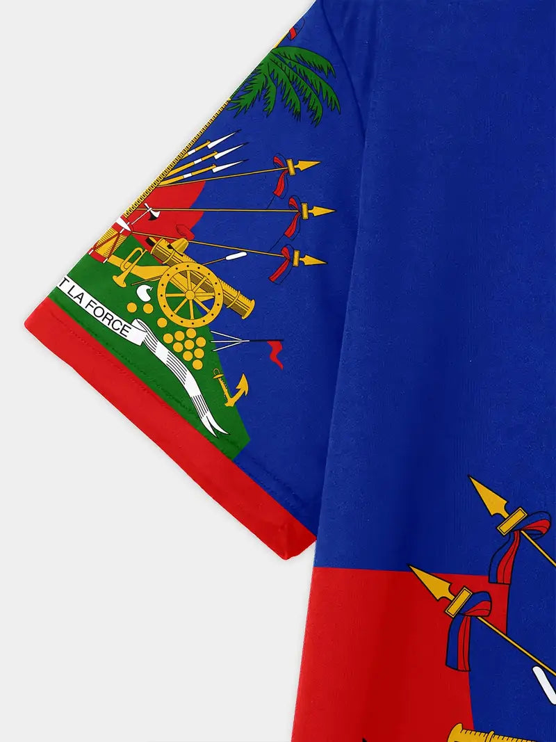 Men's Novelty T-Shirt | Vibrant Multi-Color Polyester Casual Tee with Haitian Flag & Cannon Print | Round Neck, Regular Fit | Machine Washable | Glossy Finish | Bold Graphic Design for Casual Attire, Summer Apparel | Round Neck Tshirt | Detailed Emblem De
