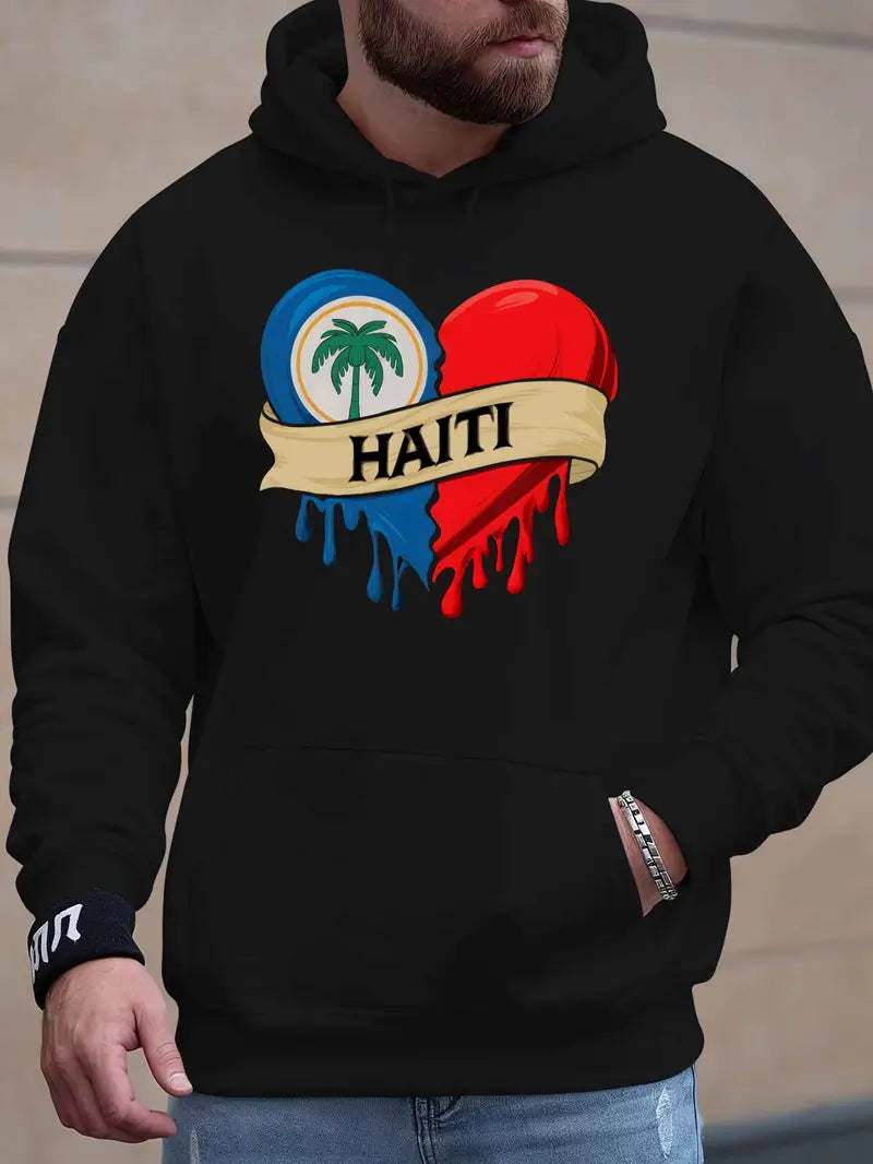 Men'S Haiti Printed Hoodie - Casual Polyester 100% Long Sleeve Sweatshirt with Slight Stretch, Regular Fit, Knit Fabric, 200g/m² - Trendy Winter Gift for Men
