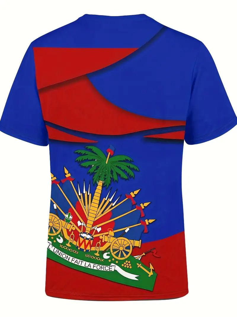 Men's Haitian National Flag & Emblem Print T-Shirt - Breathable Polyester, Slightly Elastic Round Neck, Regular Fit Casual Summer Top for Casual Attire, Haitian T Shirt, Cultural Pride Apparel, Vibrant Colors, Lightweight Knit,. FJ2787764 T