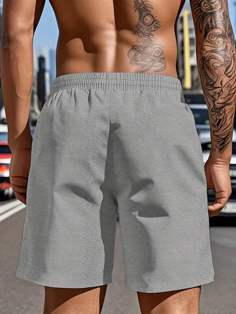 Men's Casual Shorts with Haiti Flag Distressed Letters & Geometric Pattern - Elastic Waist Drawstring, Breathable Fabric, Machine Washable, Regular Fit for Casual Attire, Comfortable Swimwear, Medium Elasticity, Lounge Wear. (Light Grey) RT3748403
