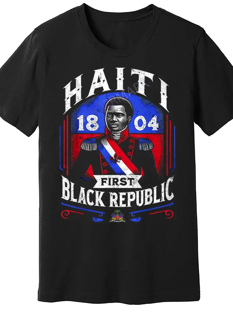 Local warehouseHistorical Tribute, Men's Black Cotton T-Shirt - Haiti First Black Republic 1804 General Toussaint Louverture Design, Casual Short Sleeve Crewneck, Machine Washable, Patriotic Colors, Haitian T Shirt