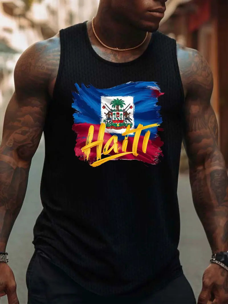 Men's Haitian Flag Abstract Art Print Tank Top - Breathable Sleeveless Athletic Shirt, Lightweight Polyester, Black with Vibrant Blue, Red & Yellow Stripes, Casual Summer Sportswear