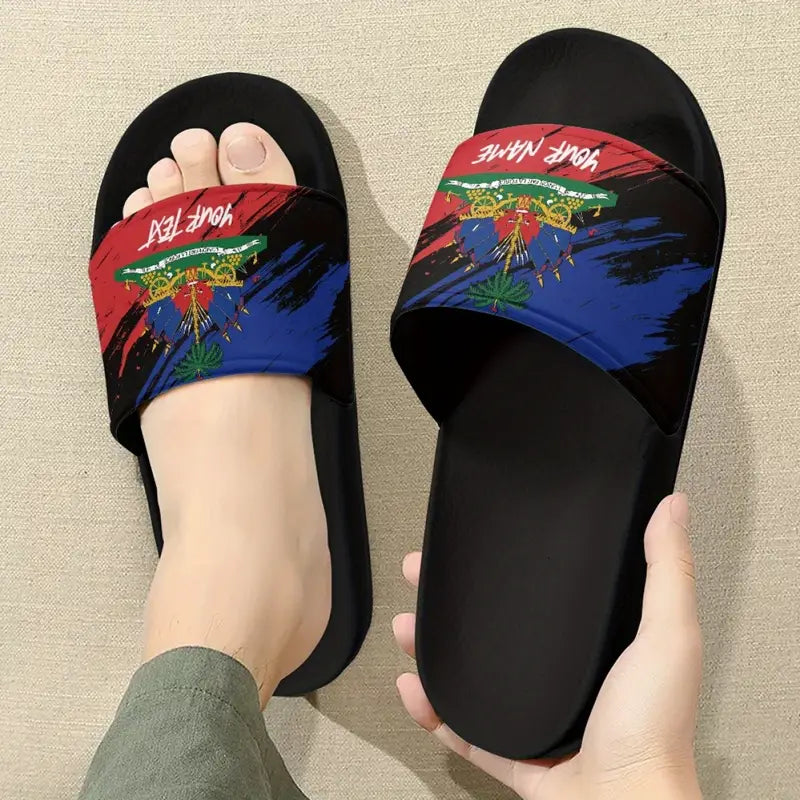 Customizable Men's Footwear with Haitian Flag Pattern - Non-Slip EVA Base, Comfortable for Indoor/Outdoor Use, Suitable for Pool & Leisure Activities,.PA1164666 T