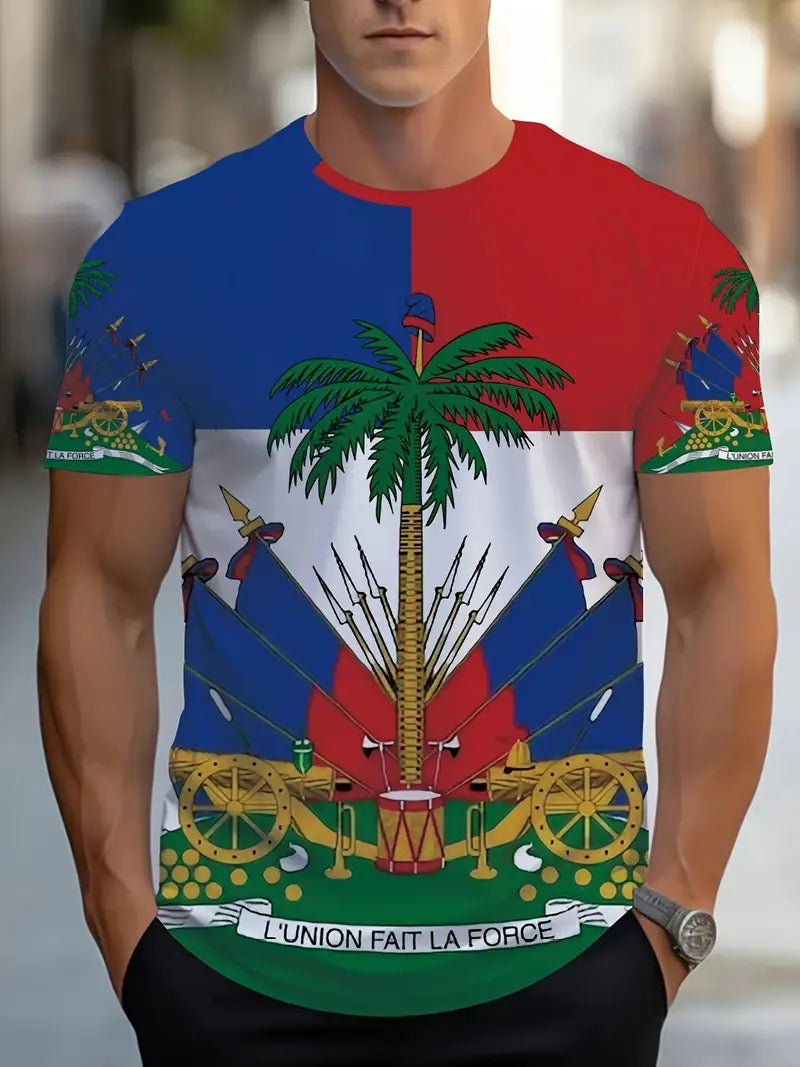 Men's Haitian Flag Graphic T-Shirt | Vibrant Multicolor Polyester Casual Tee with Coat of Arms Design | Round Neck, Regular Fit | Machine Washable | Summer Bold Statement Piece, Durable Print Quality UR2217615 T