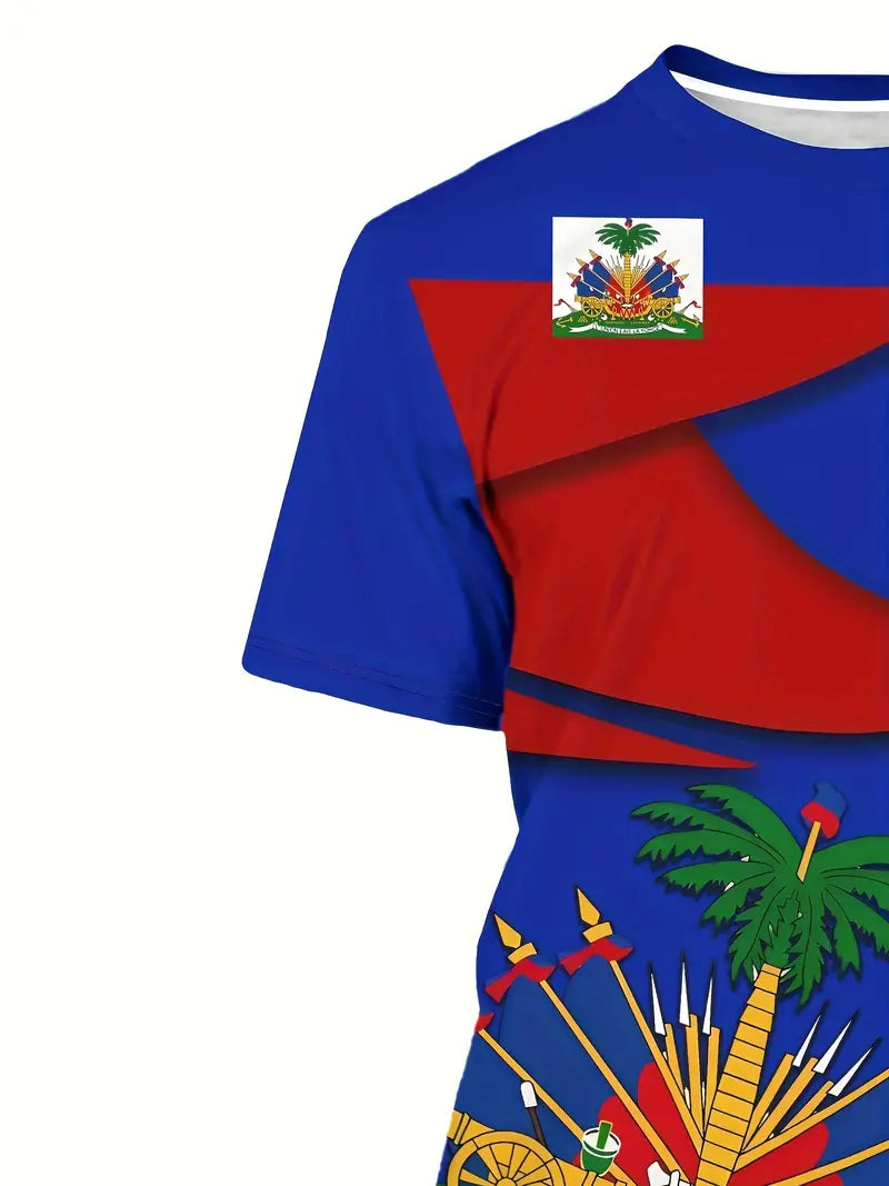 Men's Haitian National Flag & Emblem Print T-Shirt - Breathable Polyester, Slightly Elastic Round Neck, Regular Fit Casual Summer Top for Casual Attire, Haitian T Shirt, Cultural Pride Apparel, Vibrant Colors, Lightweight Knit,. FJ2787764 T