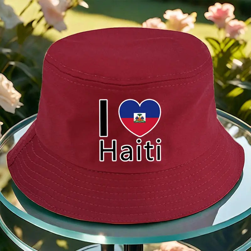 a fisherman hat with a 5277 i love haiti pattern print stylish and versatile with multiple color options MT770164 T