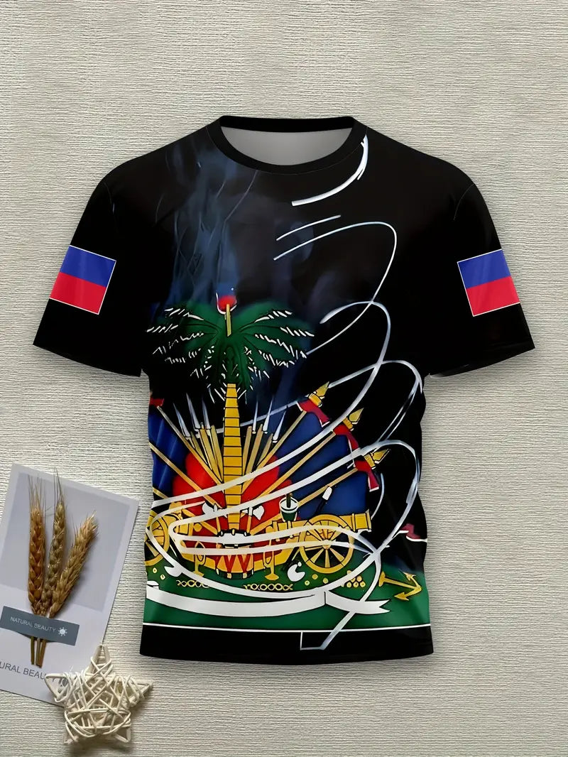 Men'S Casual Crew Neck Short Sleeve Polyester T-Shirt, 3D Digital Print, Slight Stretch Knit Fabric, 110g/m² Weight. UE968727 T