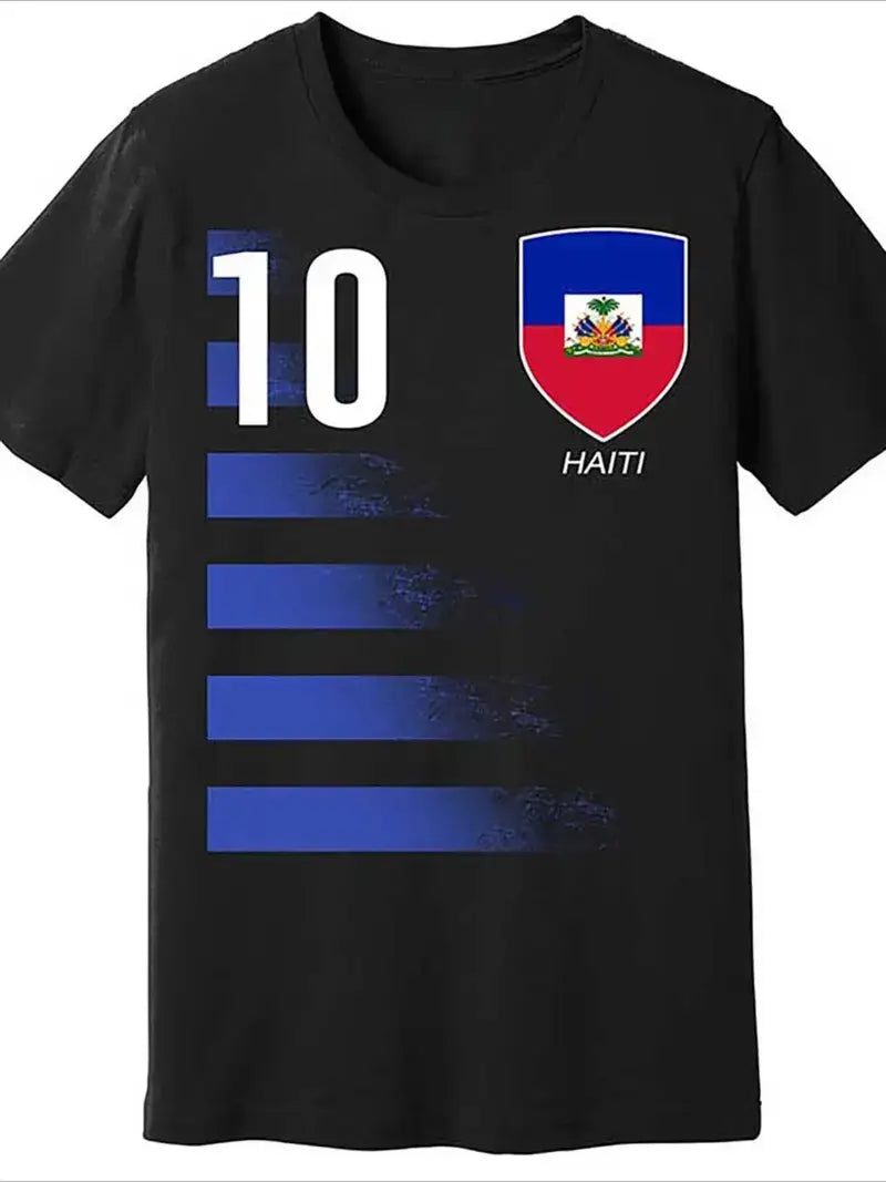 Local warehouseMen's Haiti Soccer Jersey T-Shirt - Black #10 Graphic Tee with Haitian Flag Design, Breathable 100% Cotton, Short Sleeve, Casual Fit for Sports & Fans, Perfect for Soccer Training & Casual Wear, Haitian T Shirt
