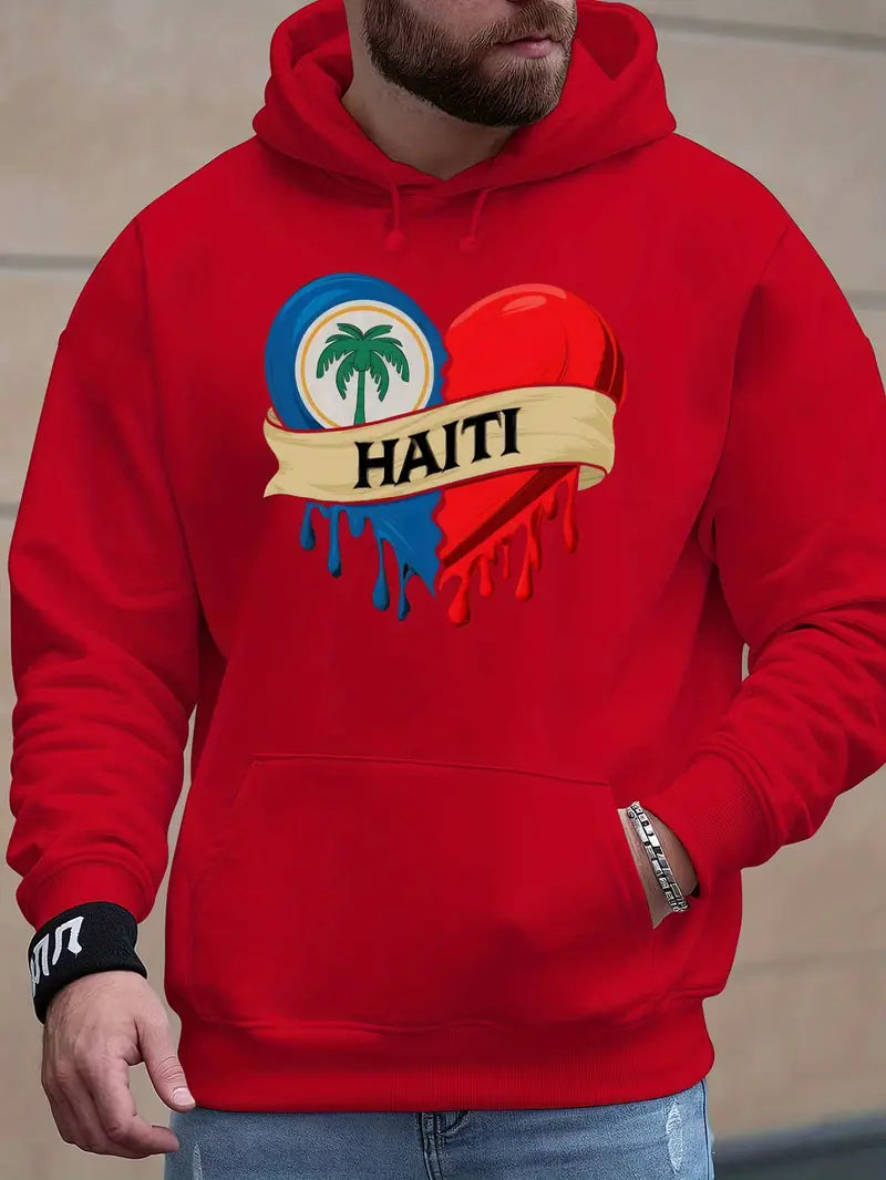Men'S Haiti Printed Hoodie - Casual Polyester 100% Long Sleeve Sweatshirt with Slight Stretch, Regular Fit, Knit Fabric, 200g/m² - Trendy Winter Gift for Men