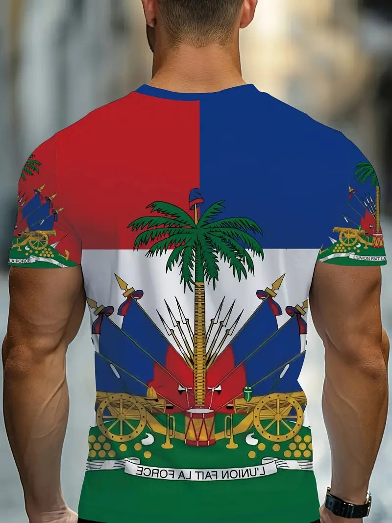 Men's Haitian Flag Graphic T-Shirt | Vibrant Multicolor Polyester Casual Tee with Coat of Arms Design | Round Neck, Regular Fit | Machine Washable | Summer Bold Statement Piece, Durable Print Quality UR2217615 T