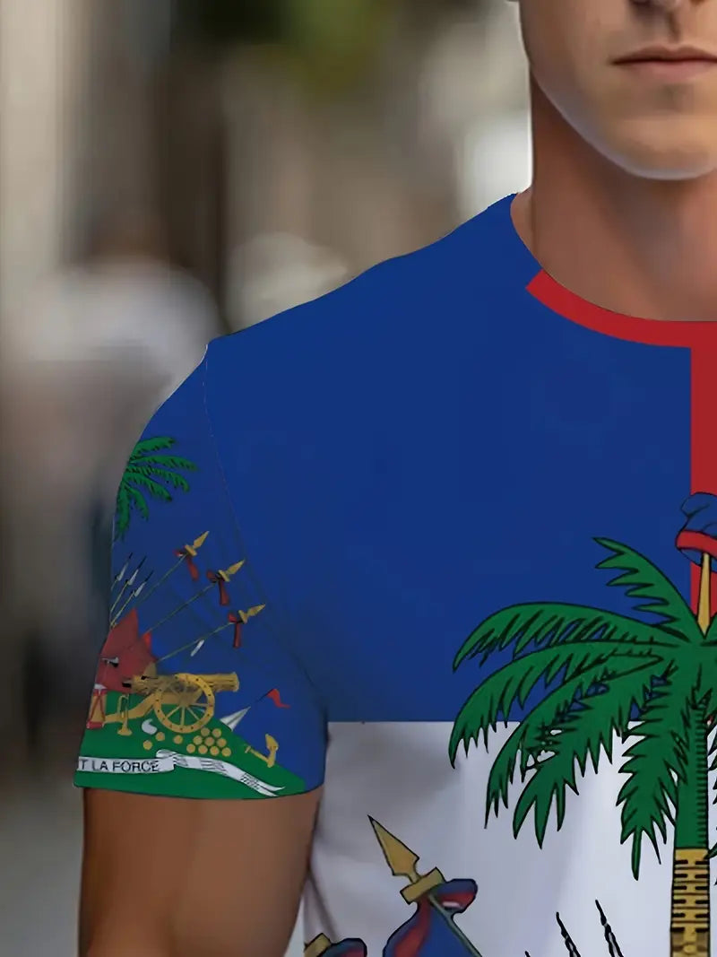 Men's Haitian Flag Graphic T-Shirt | Vibrant Multicolor Polyester Casual Tee with Coat of Arms Design | Round Neck, Regular Fit | Machine Washable | Summer Bold Statement Piece, Durable Print Quality UR2217615 T