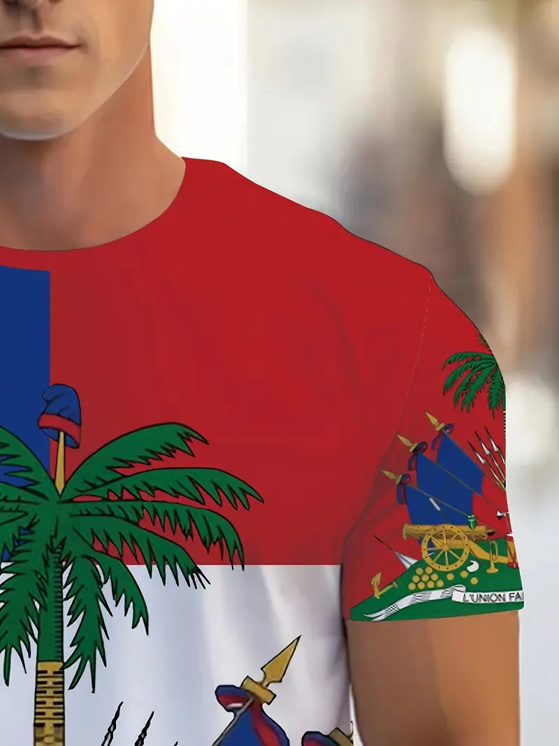 Men's Haitian Flag Graphic T-Shirt | Vibrant Multicolor Polyester Casual Tee with Coat of Arms Design | Round Neck, Regular Fit | Machine Washable | Summer Bold Statement Piece, Durable Print Quality UR2217615 T