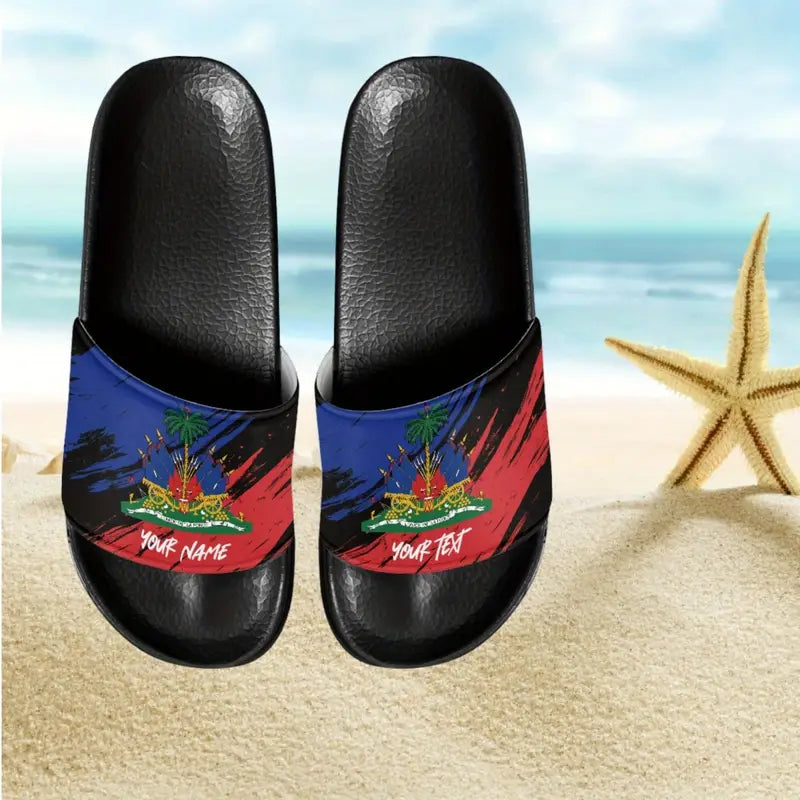 Customizable Men's Footwear with Haitian Flag Pattern - Non-Slip EVA Base, Comfortable for Indoor/Outdoor Use, Suitable for Pool & Leisure Activities,.PA1164666 T
