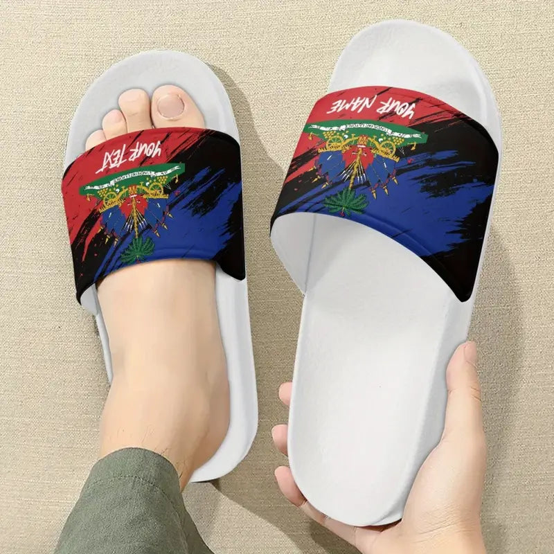 Customizable Men's Footwear with Haitian Flag Pattern - Non-Slip EVA Base, Comfortable for Indoor/Outdoor Use, Suitable for Pool & Leisure Activities,.PA1164666 T