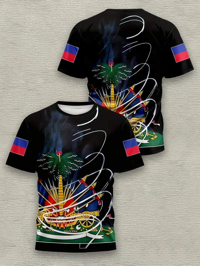 Men'S Casual Crew Neck Short Sleeve Polyester T-Shirt, 3D Digital Print, Slight Stretch Knit Fabric, 110g/m² Weight. UE968727 T