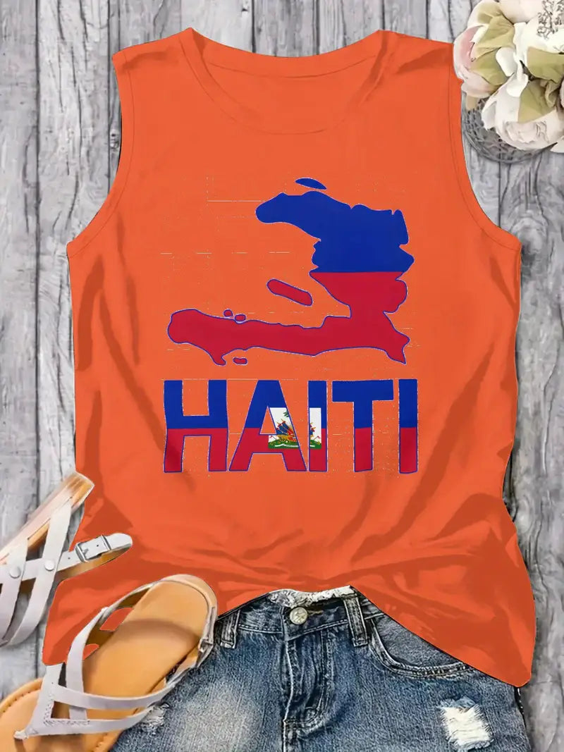 Local warehouseHaiti Map Flag And Text Women'S Plus Size Tank Tops Crew Neck Novelty Shirt Casual Top Funny Graphic Tee Sleeveless Summer Vacation Clothing