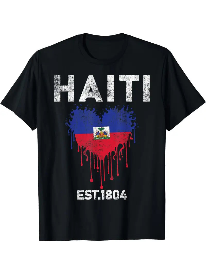 Local warehouseHaiti Flag Graphic Tee - 100% Cotton Crew Neck T-Shirt with Dripping Paint Design, Knit Fabric, Casual Fit, Patriotic Haitian Flag Print for Celebration & Pride, Est. 1804 - High Quality Cotton Tops with Slight Stretch