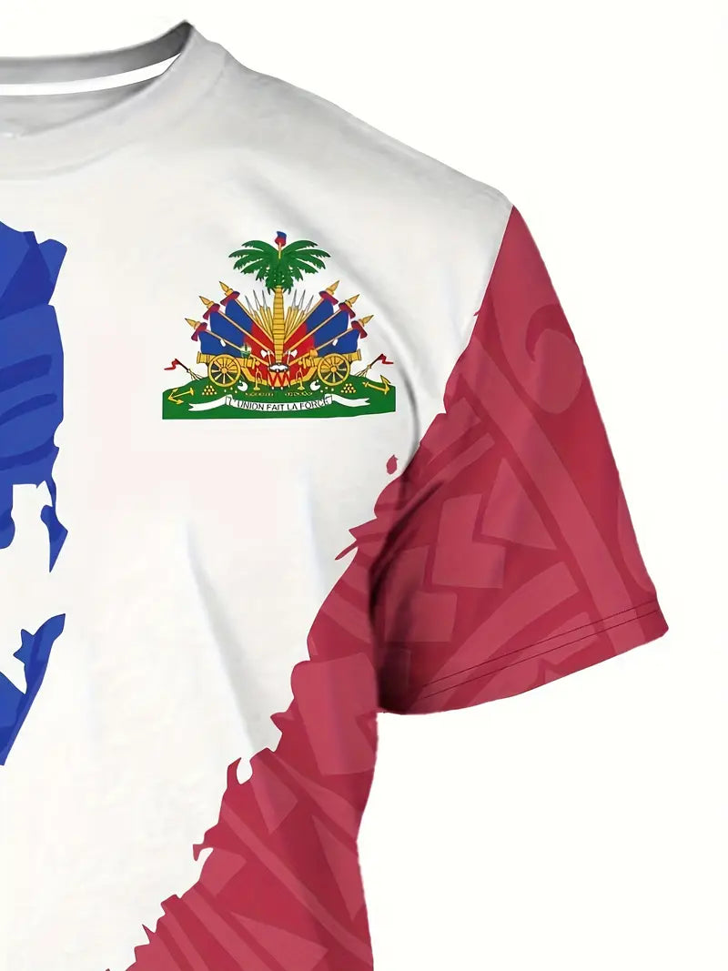 Men's Haitian Flag & Cannon Graphic T-Shirt - Vibrant Color Block Design, Breathable Polyester, Casual Summer Round Neck Tee for Men, Haitian T Shirt RY1917218 T