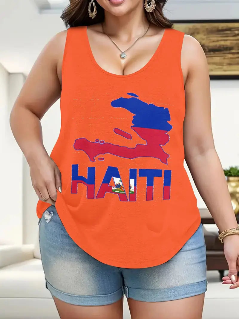 Local warehouseHaiti Map Flag And Text Women'S Plus Size Tank Tops Crew Neck Novelty Shirt Casual Top Funny Graphic Tee Sleeveless Summer Vacation Clothing