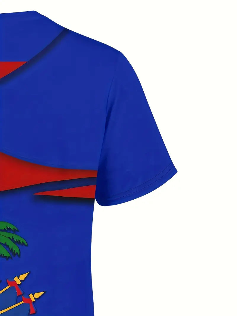 Men's Haitian National Flag & Emblem Print T-Shirt - Breathable Polyester, Slightly Elastic Round Neck, Regular Fit Casual Summer Top for Casual Attire, Haitian T Shirt, Cultural Pride Apparel, Vibrant Colors, Lightweight Knit,. FJ2787764 T