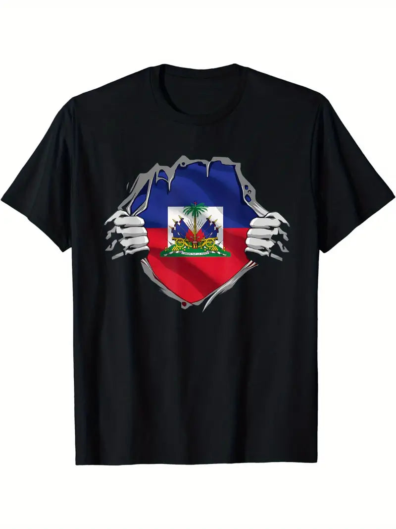Local warehouseHaitian Pride Cotton T-Shirt - 100% Cotton Casual Crew Neck Tee with Haitian Flag Graphic, Lightweight & Breathable for Men, Perfect for Spring/Autumn, Machine Washable, Haitian T Shirt