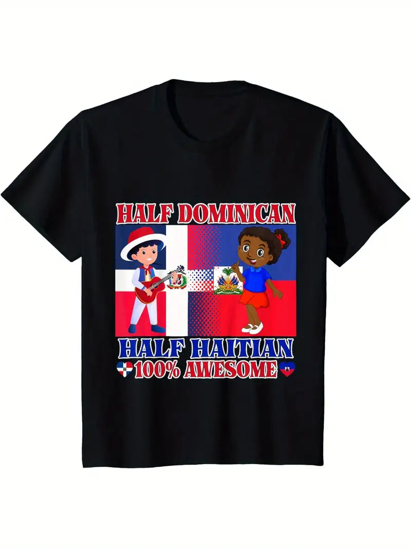 Local warehouseHalf Haitian Half Dominican Republic Flag T-Shirt - Unisex Cotton Casual Tee with "HALF DOMINICAN 100% AWESOME" Graphic, Perfect for St. Patrick's Day & Easter Gifts