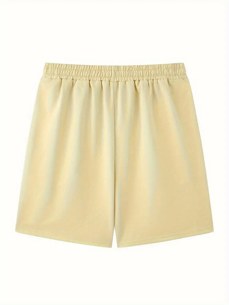 Men'S casual shorts with "HAITI" Print - Light Gray, Elastic Waistband with Drawstring, Polyester Fabric, Regular Fit, Casual Style for Summer, Summer Casual Wear | Letter Print Shorts | Flexible Waistband. (Apricot) GX1814939 T
