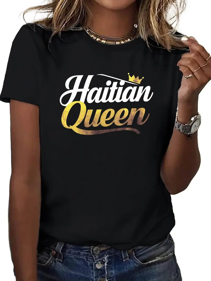 100% Women'S T-Shirt - Haitian Queen Design with Golden Lettering, Comfort Fit, Casual Round Neck Tee in Purple, Geometric Pattern, Machine Washable. YA1023755 T