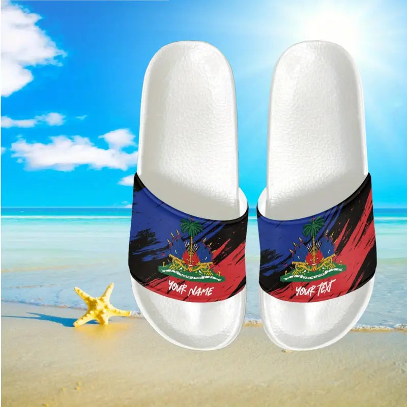 Customizable Men's Footwear with Haitian Flag Pattern - Non-Slip EVA Base, Comfortable for Indoor/Outdoor Use, Suitable for Pool & Leisure Activities,.PA1164666 T