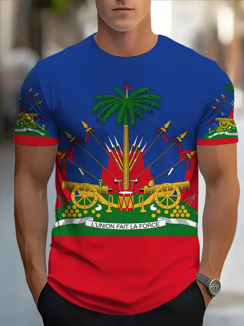 Men's Novelty T-Shirt | Vibrant Multi-Color Polyester Casual Tee with Haitian Flag & Cannon Print | Round Neck, Regular Fit | Machine Washable | Glossy Finish | Bold Graphic Design for Casual Attire, Summer Apparel | Round Neck Tshirt | Detailed Emblem De