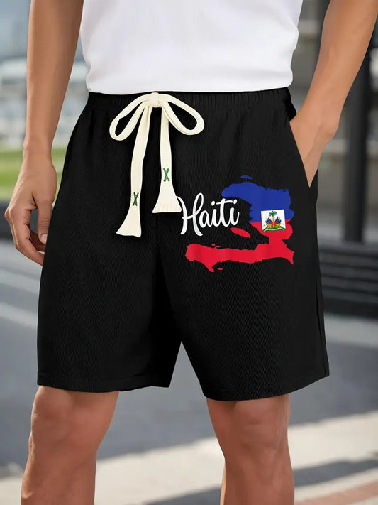 Haitian Flag Day Patriotic Haiti Map & Flag Graphic Casual Streetwear Shorts - Drawstring Waist, Breathable Summer Basketball Shorts, Machine Washable, Outdoor Leisurewear, Bold Print, Comfortable Fit, Sports Enthusia