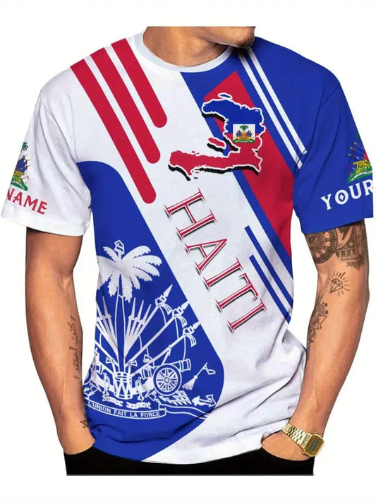 Haiti Shirt 3D - Haitian Flag Pride Design with Palm Trees & Coat of Arms, Customizable Name & Year, Unisex Short Sleeve T-Shirt for Men & Women, Summer Casual Wear, Machine Washable, Haitian T Shirt, Cultural Event Apparel, Vibrant Pattern . AQ3224083 T