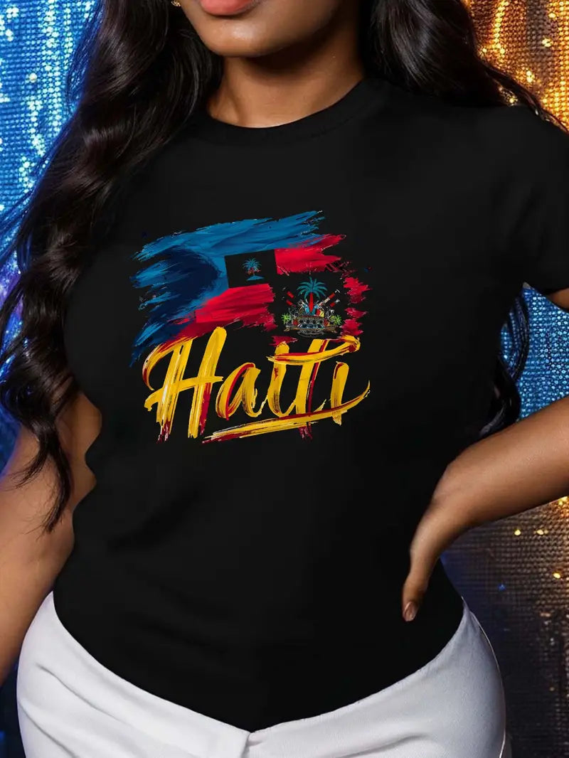 Local warehouseVibrant Haitian Flag Graphic T-Shirt for Women - Short Sleeve Crew Neck Casual Tee, Bright Illustration Print, Lightweight Polyester Fabric, Perfect for Spring & Summer, Casual Wear Tee | Leisure Clothing | Stretchable Material. EG2267543 T