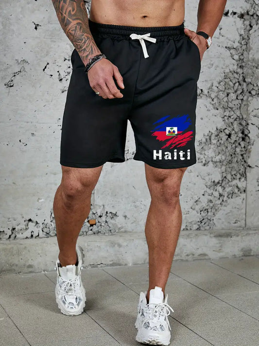 Men's Summer Casual Shorts with Haiti Flag Print - Breathable Polyester Knit Drawstring Waist Athletic Shorts for Fitness, Cycling, Climbing - Lightweight with Pockets. CJ1675662 T
