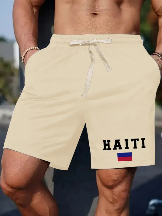 Men'S casual shorts with "HAITI" Print - Light Gray, Elastic Waistband with Drawstring, Polyester Fabric, Regular Fit, Casual Style for Summer, Summer Casual Wear | Letter Print Shorts | Flexible Waistband. (Apricot) GX1814939 T
