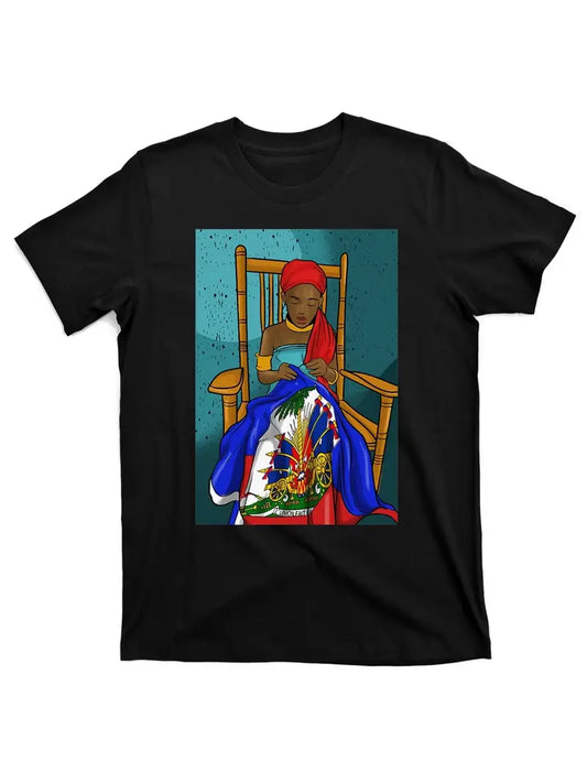 Unisex Haitian Flag Day Graphic T-Shirt - Proud Woman & Ayiti Design, 100% Cotton Crew Neck Short Sleeve, Retro Print Casual Sporty Tee, Machine Washable, Cultural Pride Apparel, Vibrant Design Shirt, Comfortable Cotton. BM2518498 T