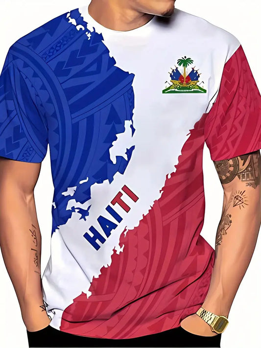 Men's Haitian Flag & Cannon Graphic T-Shirt - Vibrant Color Block Design, Breathable Polyester, Casual Summer Round Neck Tee for Men, Haitian T Shirt RY1917218 T