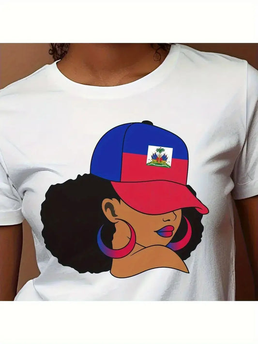 No import chargesLocal warehouseWomen's Unisex Haiti Flag Graphic T-Shirt - Cartoon-Style Haitian Pride Design, Breathable Soft Fabric, Loose Fit Casual Streetwear for Summer Vacay, Creole Festival & Haitian Gift, Haitian T Shirt. (White) MK2170871 T