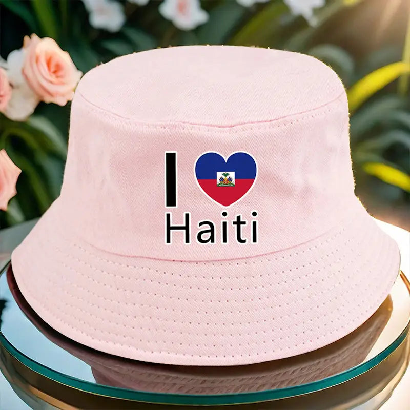 a fisherman hat with a 5277 i love haiti pattern print stylish and versatile with multiple color options MT770164  T