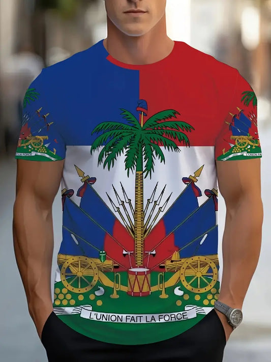 Men's Haitian Flag Graphic T-Shirt | Vibrant Multicolor Polyester Casual Tee with Coat of Arms Design | Round Neck, Regular Fit | Machine Washable | Summer Bold Statement Piece, Durable Print Quality UR2217615 T