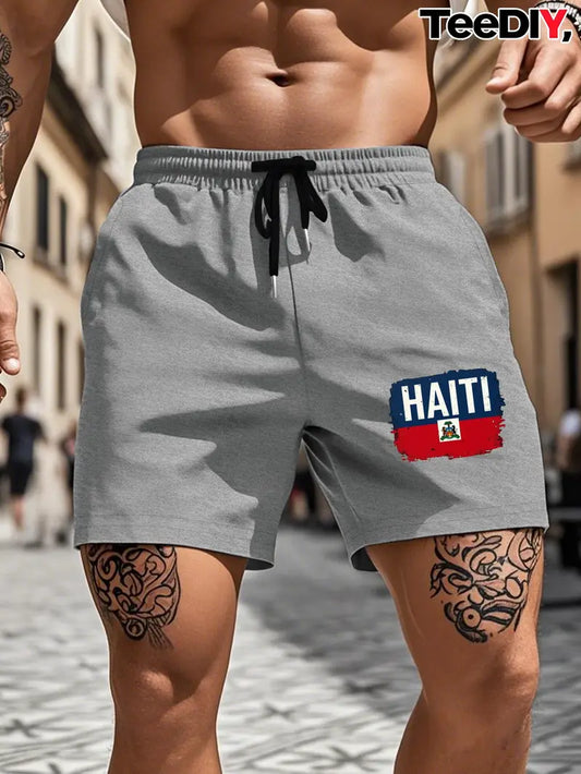 Men's Casual Shorts with Haiti Flag Distressed Letters & Geometric Pattern - Elastic Waist Drawstring, Breathable Fabric, Machine Washable, Regular Fit for Casual Attire, Comfortable Swimwear, Medium Elasticity, Lounge Wear. (Light Grey) RT3748403