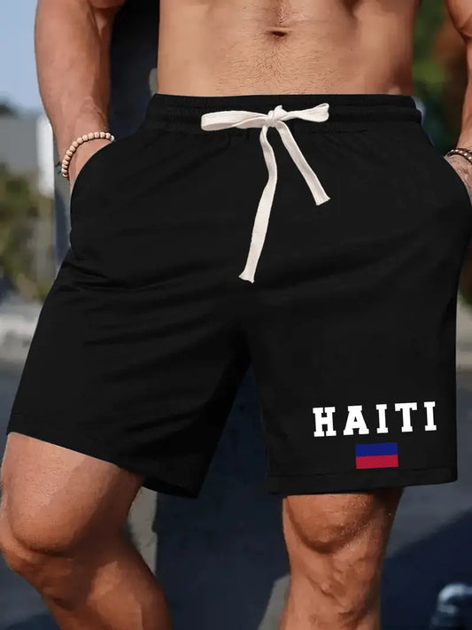 Men'S casual shorts with "HAITI" Print - Light Gray, Elastic Waistband with Drawstring, Polyester Fabric, Regular Fit, Casual Style for Summer, Summer Casual Wear | Letter Print Shorts | Flexible Waistband. (Black) GX1814939 T