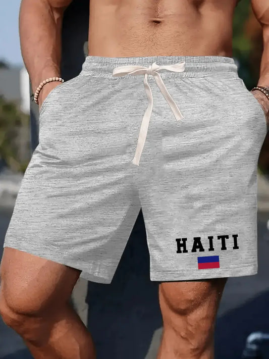 Men'S casual shorts with "HAITI" Print - Light Gray, Elastic Waistband with Drawstring, Polyester Fabric, Regular Fit, Casual Style for Summer, Summer Casual Wear | Letter Print Shorts | Flexible Waistband. (Light Grey) GX1814939 T